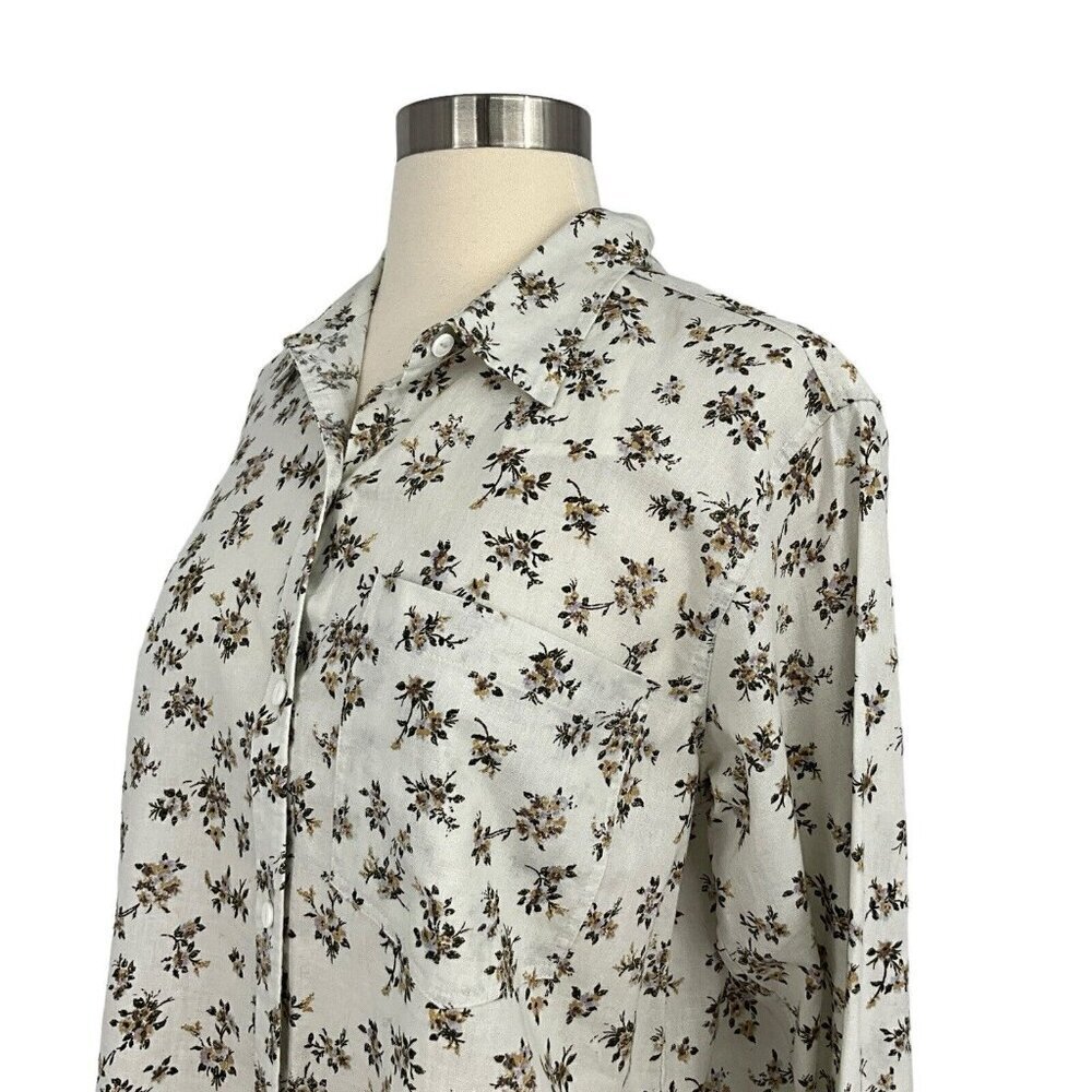 NWT Current Elliott Size 2 Floral Shirt Ivory Green Long Sleeve Linen Blend - Picture 3 of 13